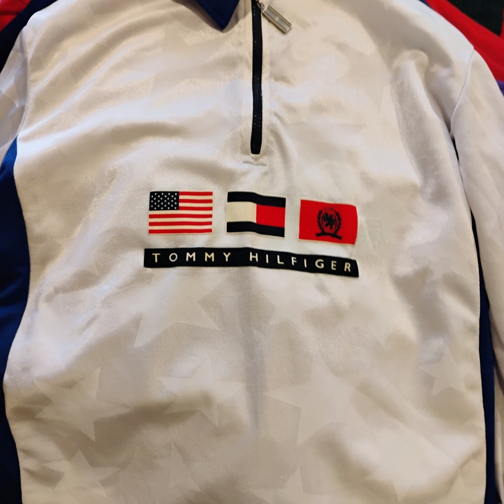 Tommy Hilfiger White and Blue Quarter-Zip Pullover